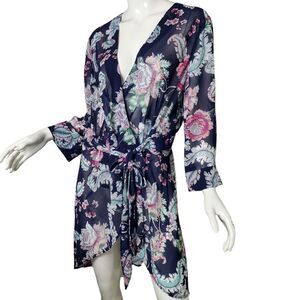 New York & Co. SOHO Jeans Women’s Size Large Robe Kimono Floral Navy Blue & Pink